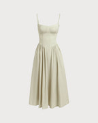 Yeşil Kare Yaka Cepli Slip Midi Elbise