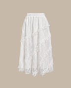 Beyaz Jakarlı Beli Lastikli Midi Etek
