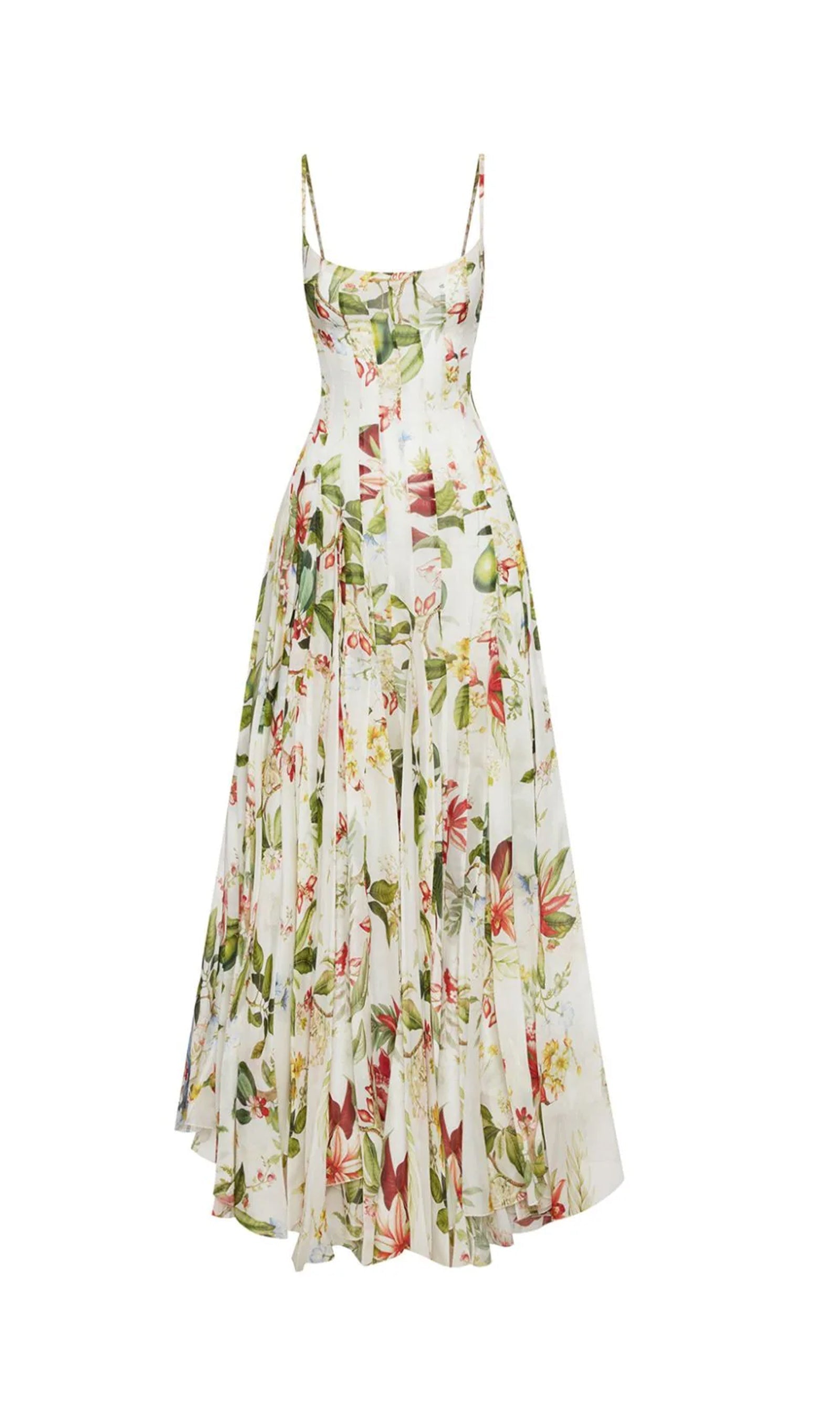 Çiçekli Büzgülü Çiçek Ve Fauna Uzun Elbise