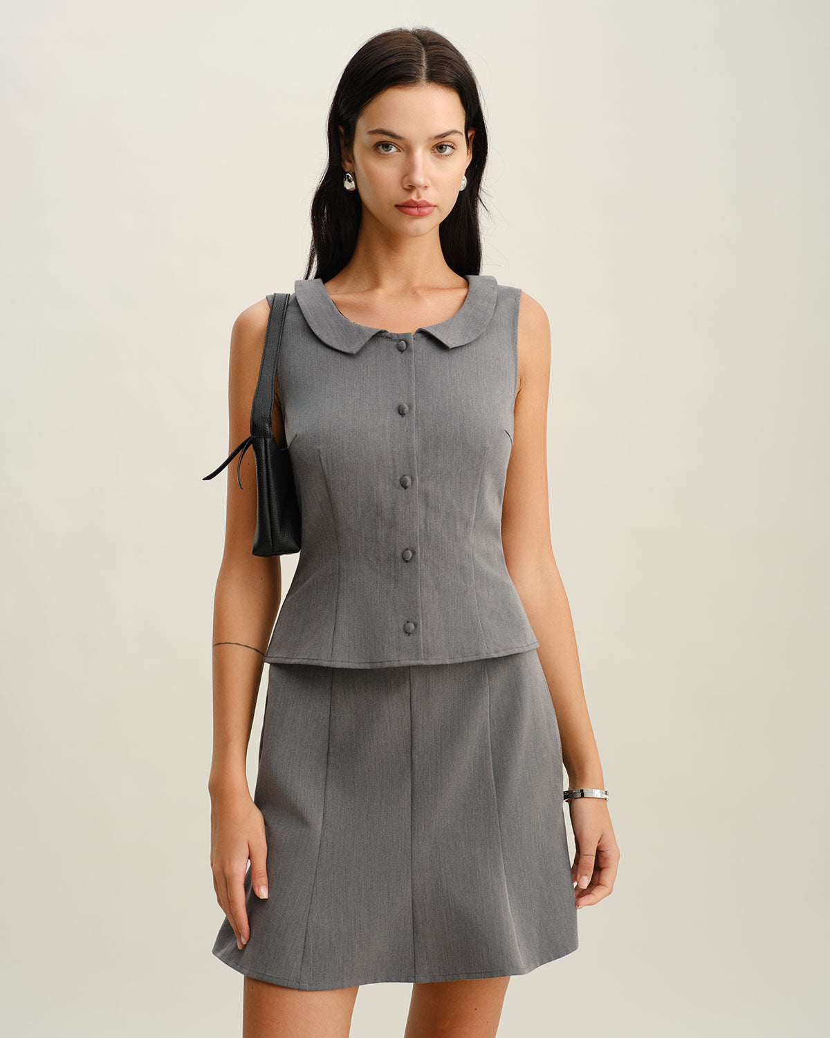 Gri Yaka Düğmeli Tank Top