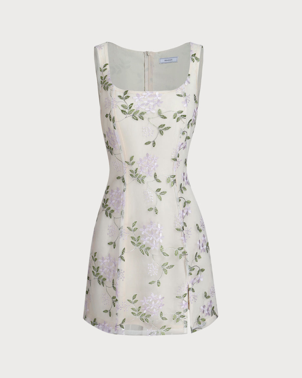 Bej Kare Yaka Nakışlı Yırtmaçlı Slip Mini Elbise