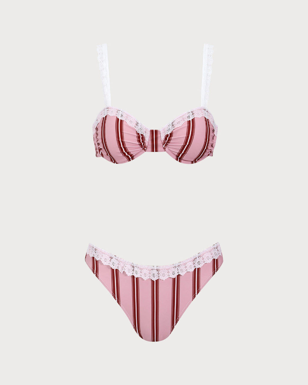 Pembe Çizgili Balenli Dantel Bikini Takımı