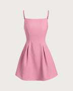 Pembe Kare Yaka Slip Pileli Mini Elbise