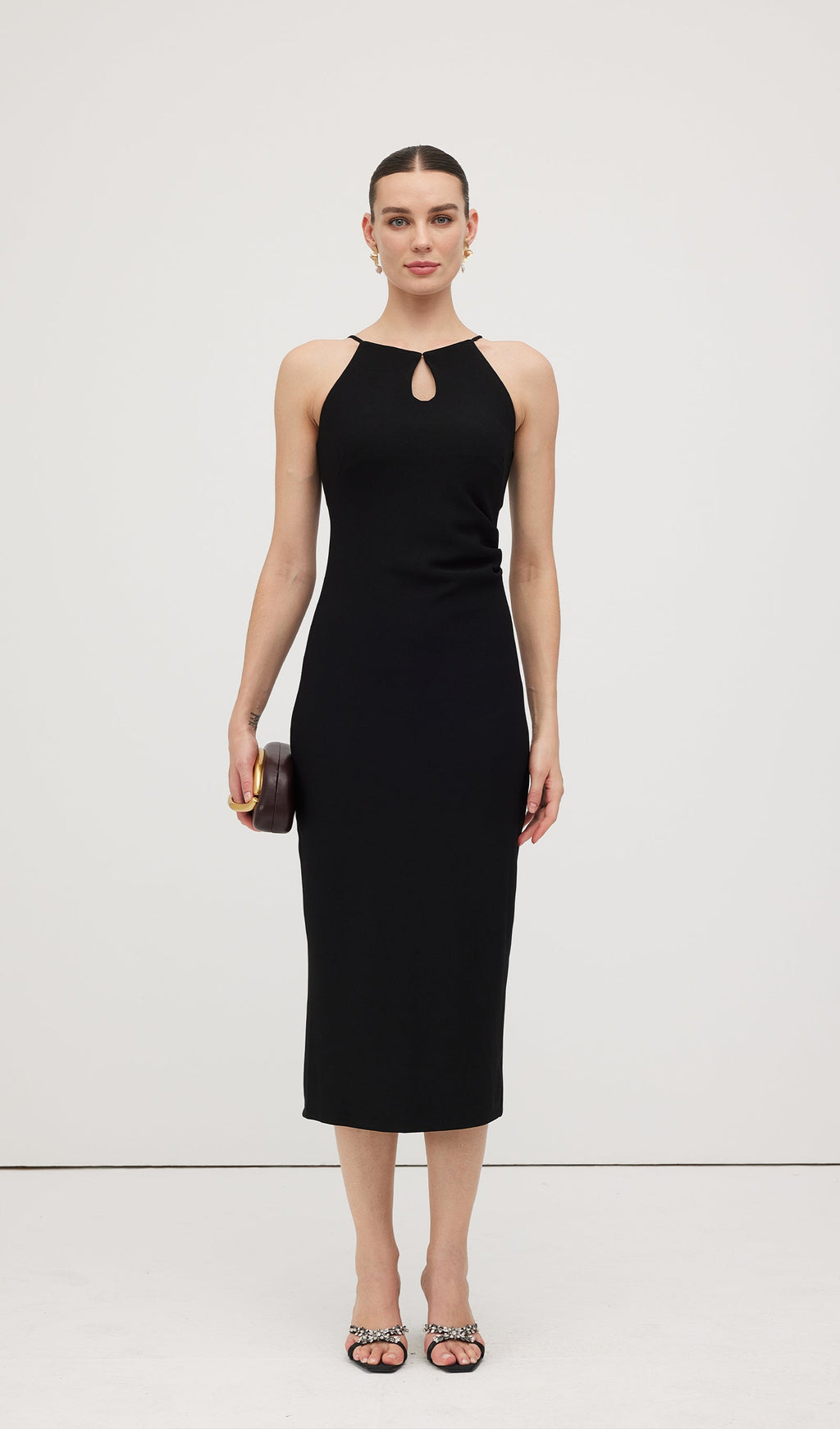 Düz Anahtar Deliği Kesimli Midi Elbise