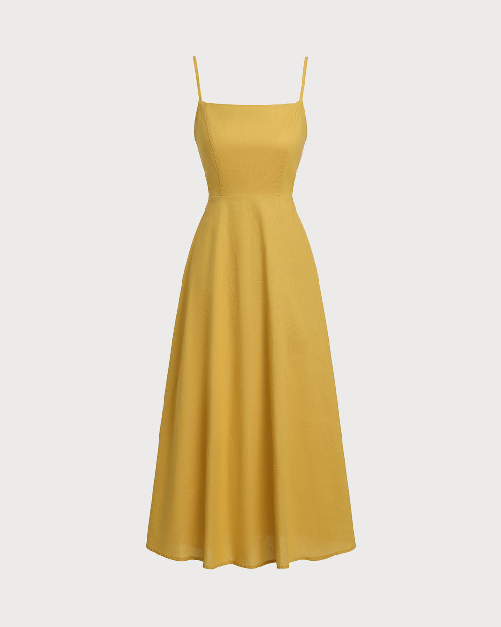Sarı Kare Yaka Büzgülü Slip Midi Elbise