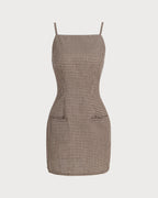 Kahverengi Ekose Slip Mini Elbise