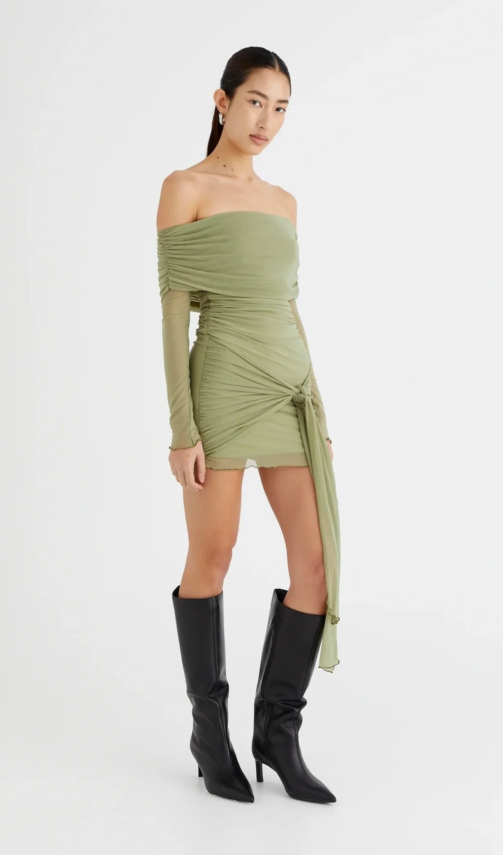 Omuz Açık Şeffaf File Mini Elbise-Yeşil