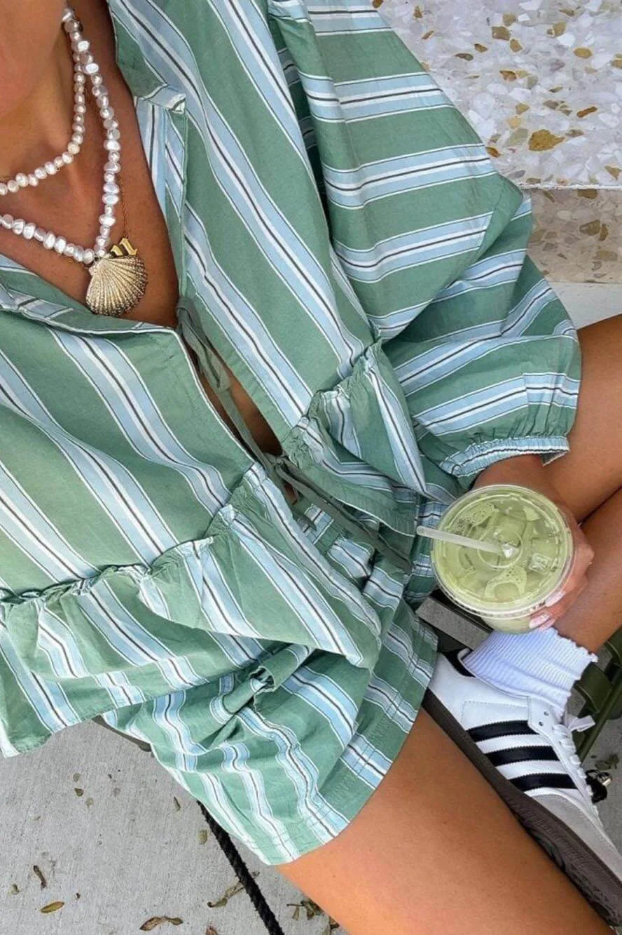 Fener Kollu Çizgili Gömlek Şort Takımı