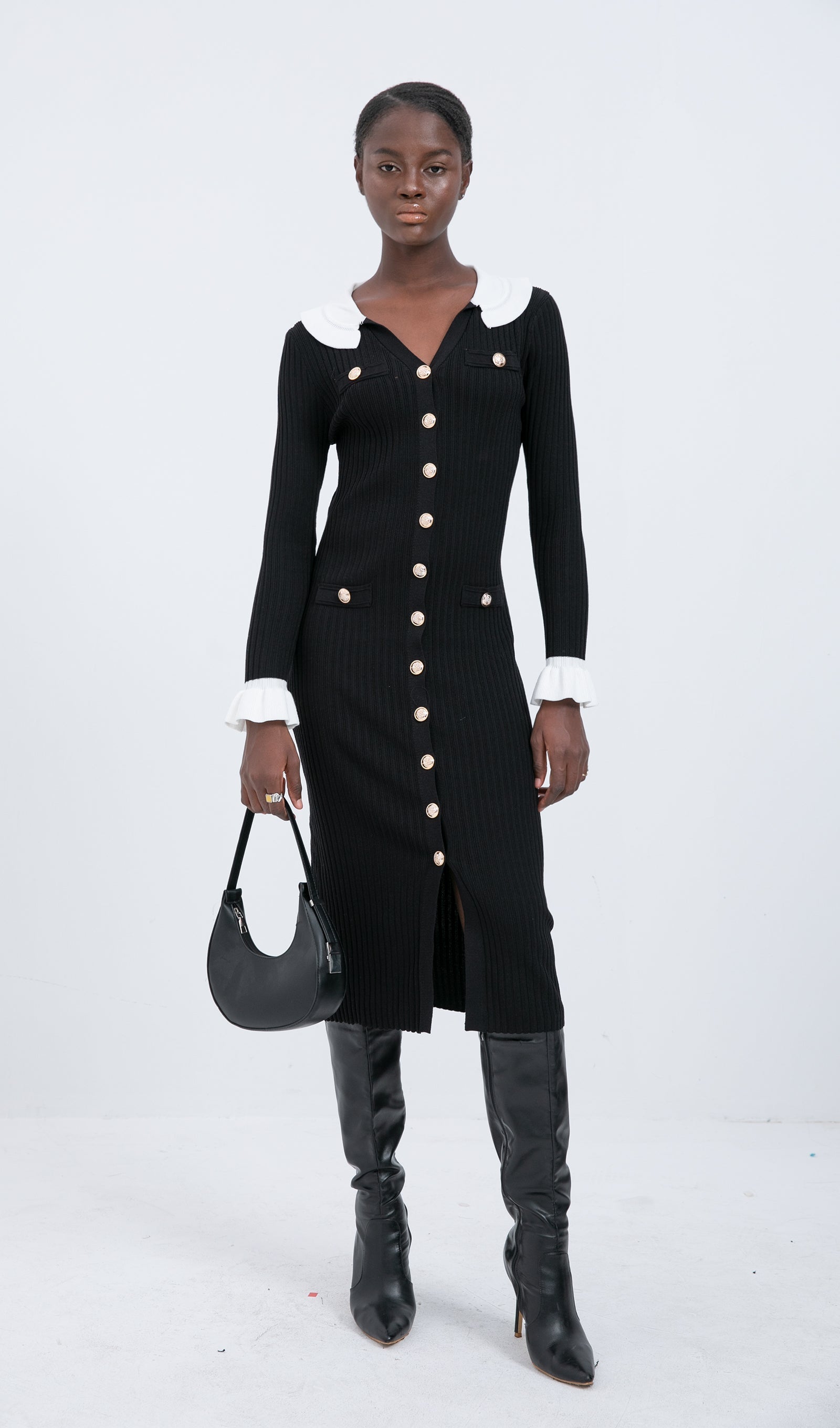 Trendy Jersey Volan Yaka Midi Elbise - Siyah