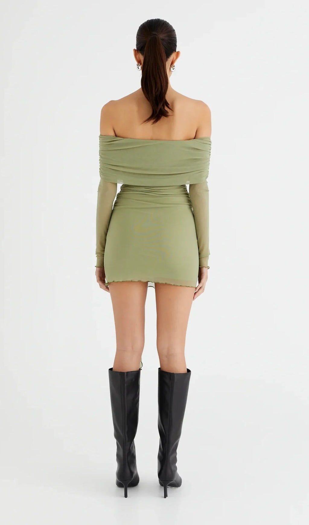 Omuz Açık Şeffaf File Mini Elbise-Yeşil