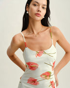 Beyaz Çiçekli Slip Midi Elbise