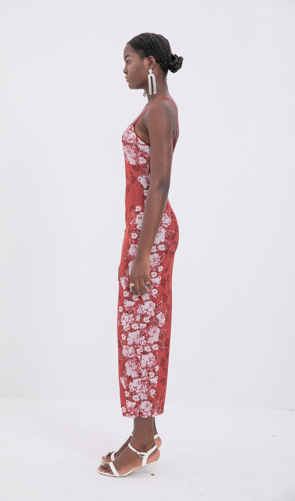 Moda Çiçek Desenli Gül Çizgili Uzun Elbise