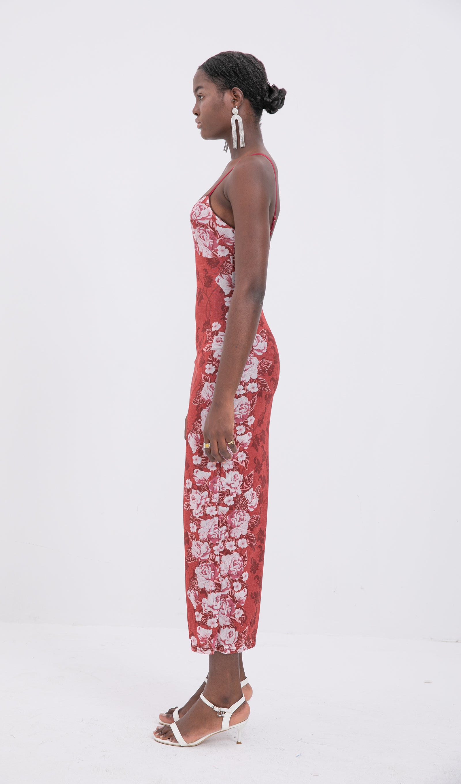 Moda Çiçek Desenli Gül Çizgili Uzun Elbise