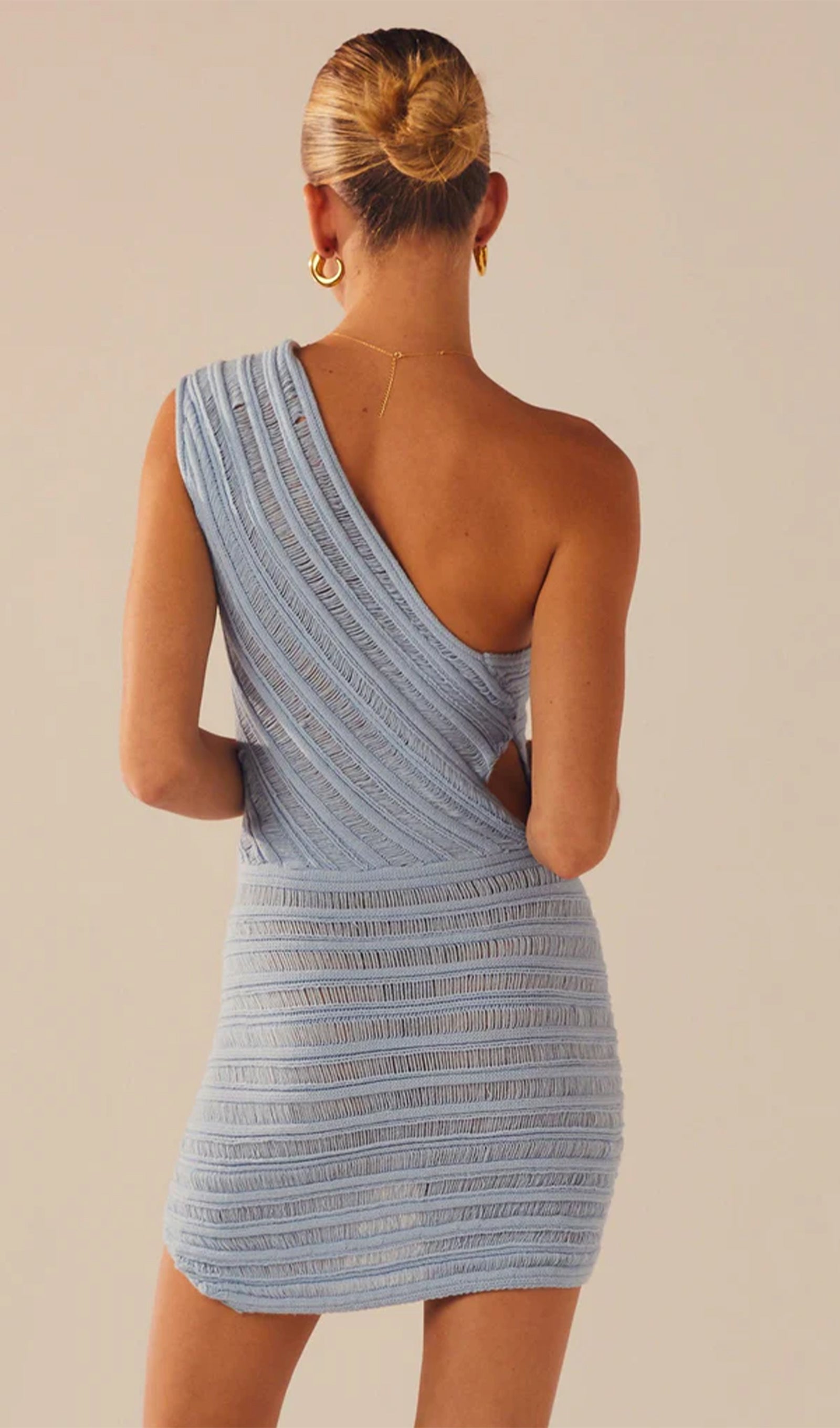 Ladder Hollow Örgü Mini Elbise-Mavi