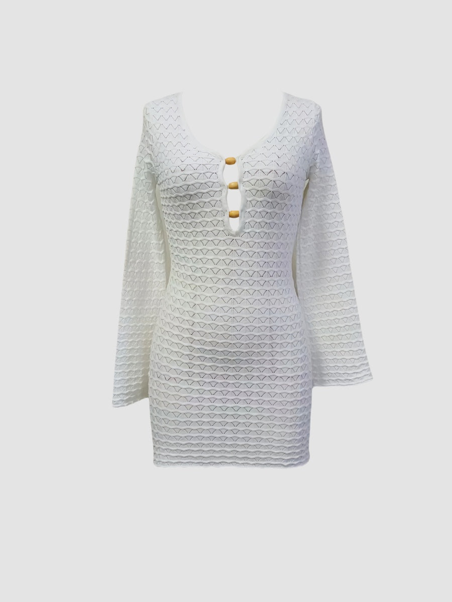 Düz Tığ İşi Anahtar Deliği Kesimli Mini Elbise