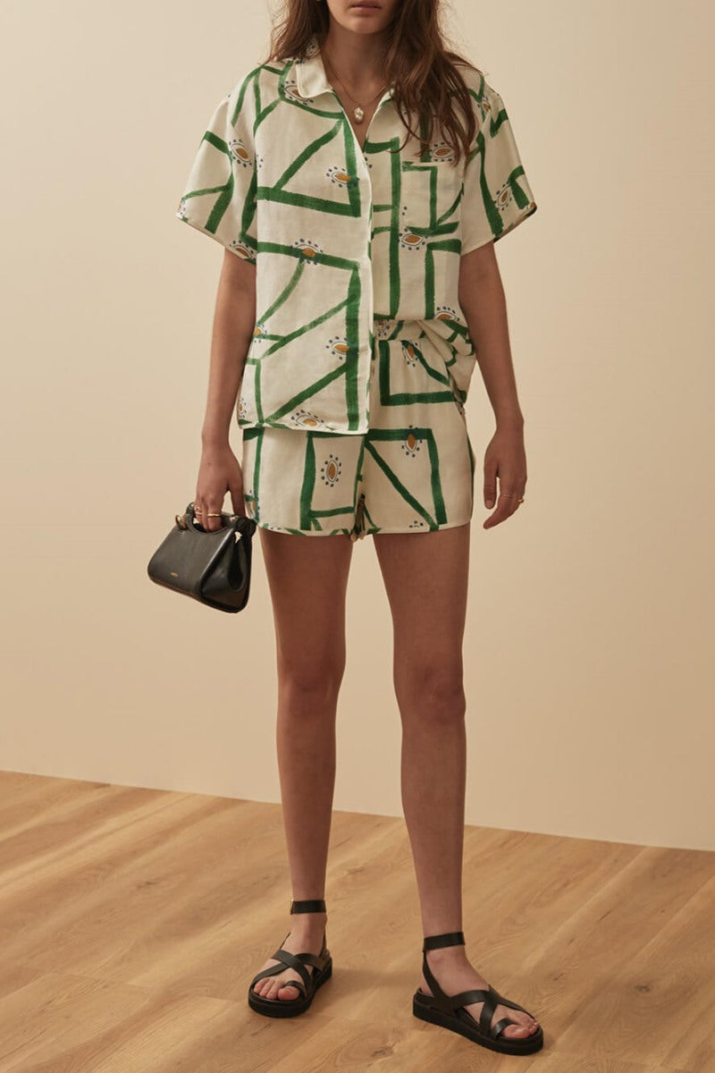 İnce Baskılı Gömlek Şort Takımı