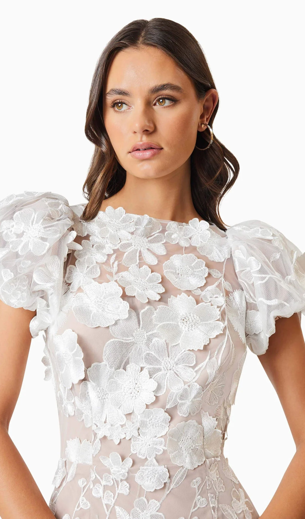 Beyaz Çiçekli 3D Dantel Midi Elbise