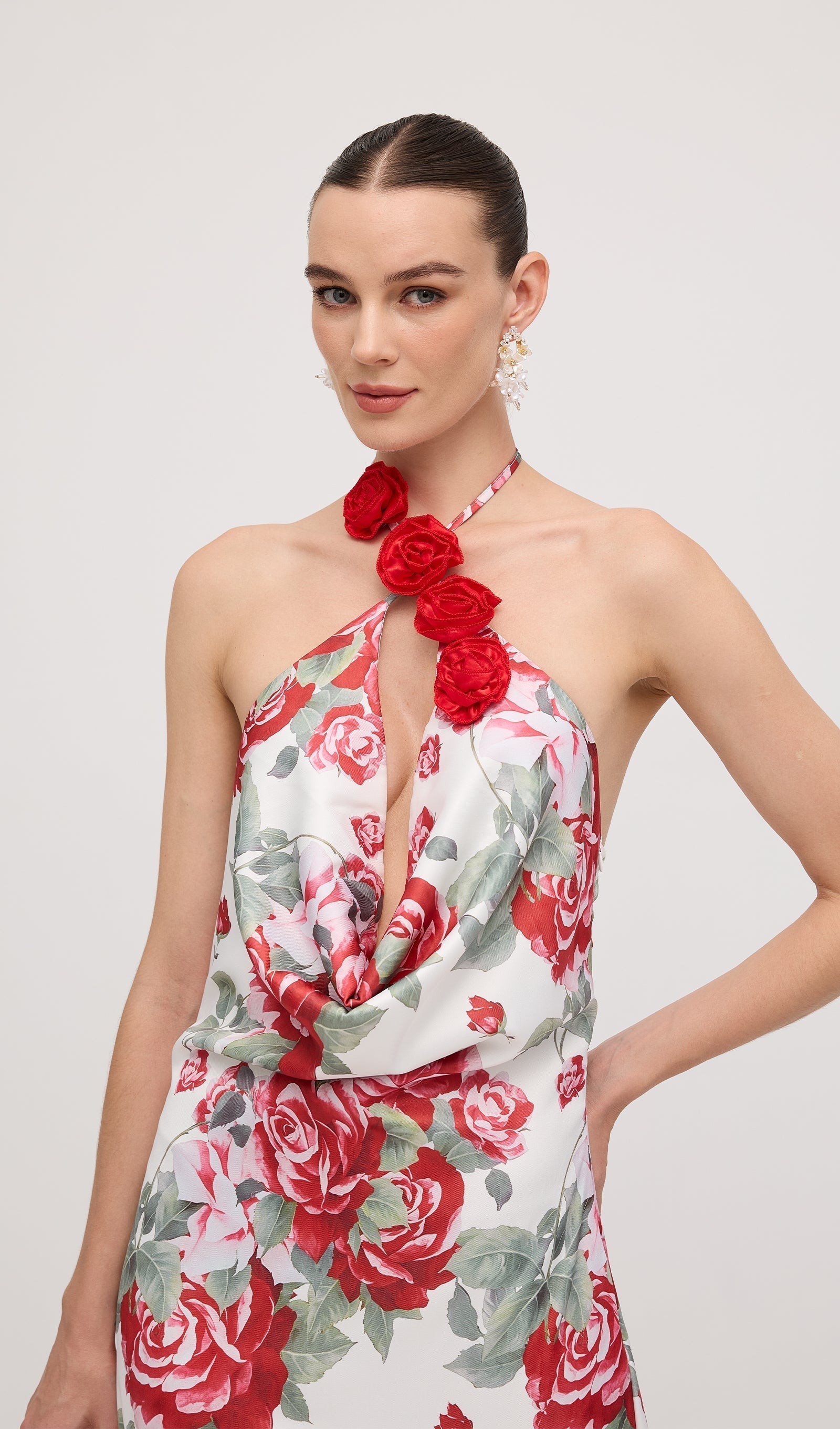 Kapüşonlu Yaka Uzun Elbise Çiçek Desenli