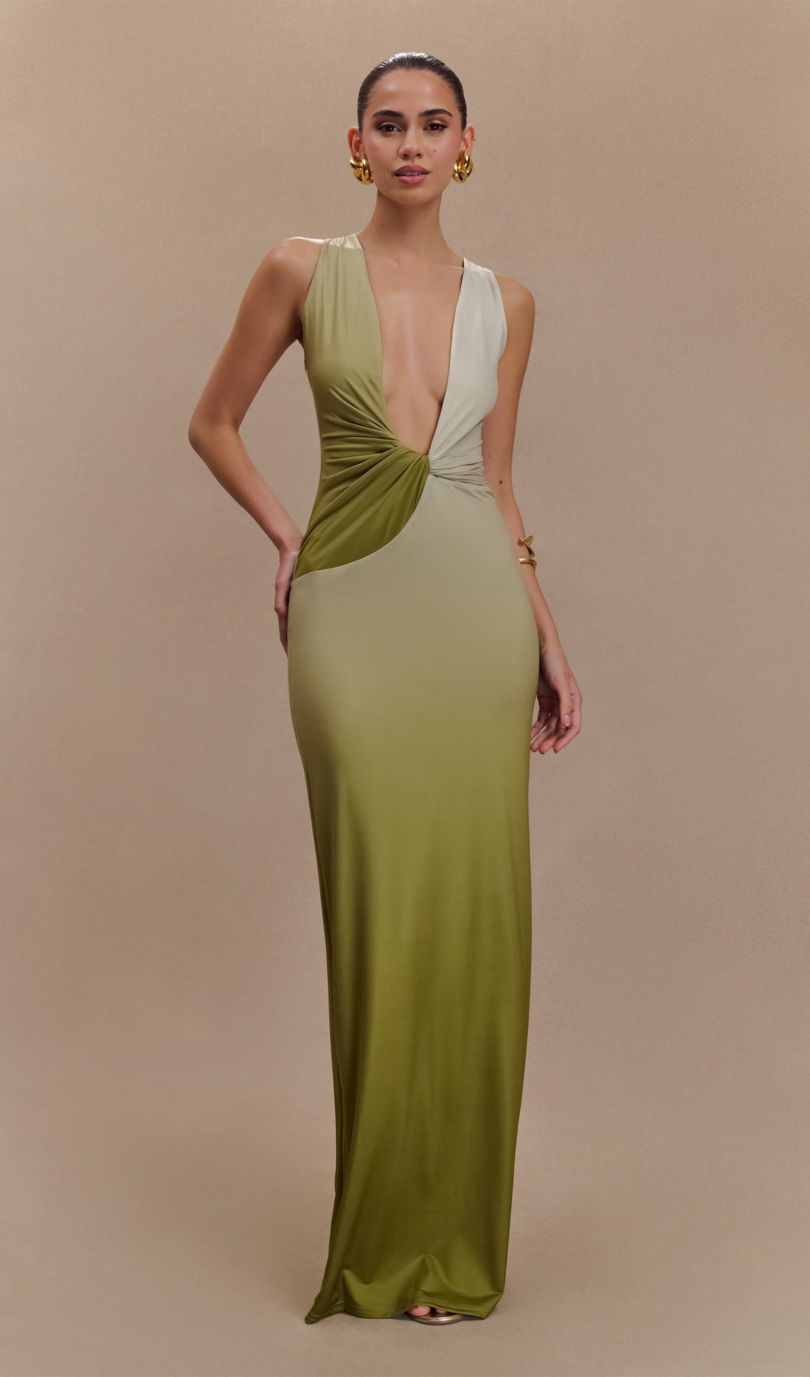Drapeli Slinky Maxi Elbise Ombre Zeytin