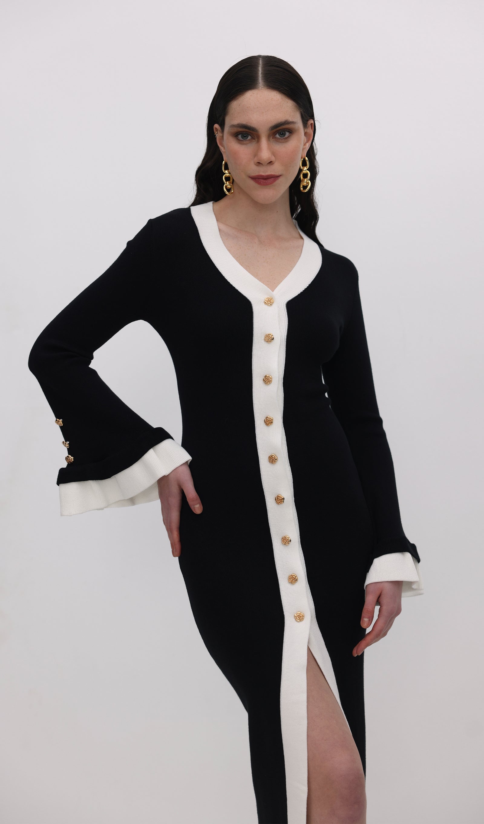 Örme Kontrast Manşetli Uzun Elbise