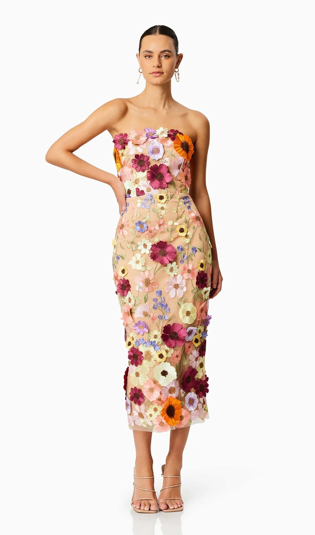 Çiçek İşlemeli Kolsuz Midi Elbise