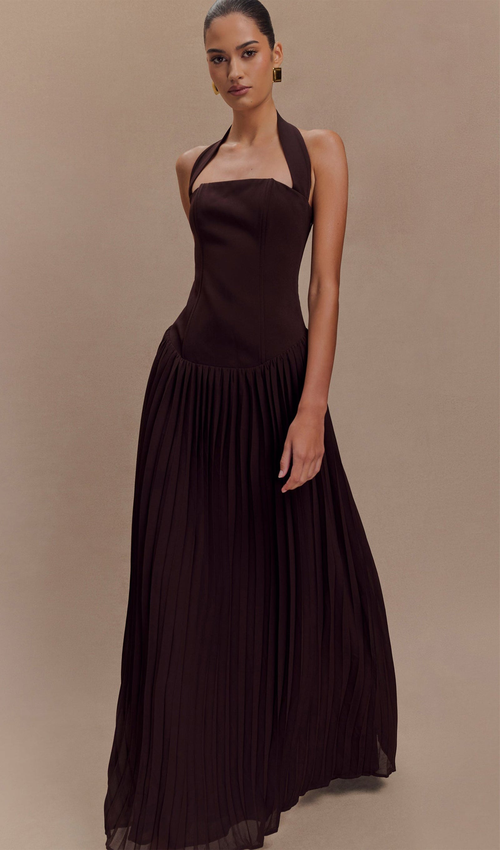 Pileli Askılı Uzun Elbise