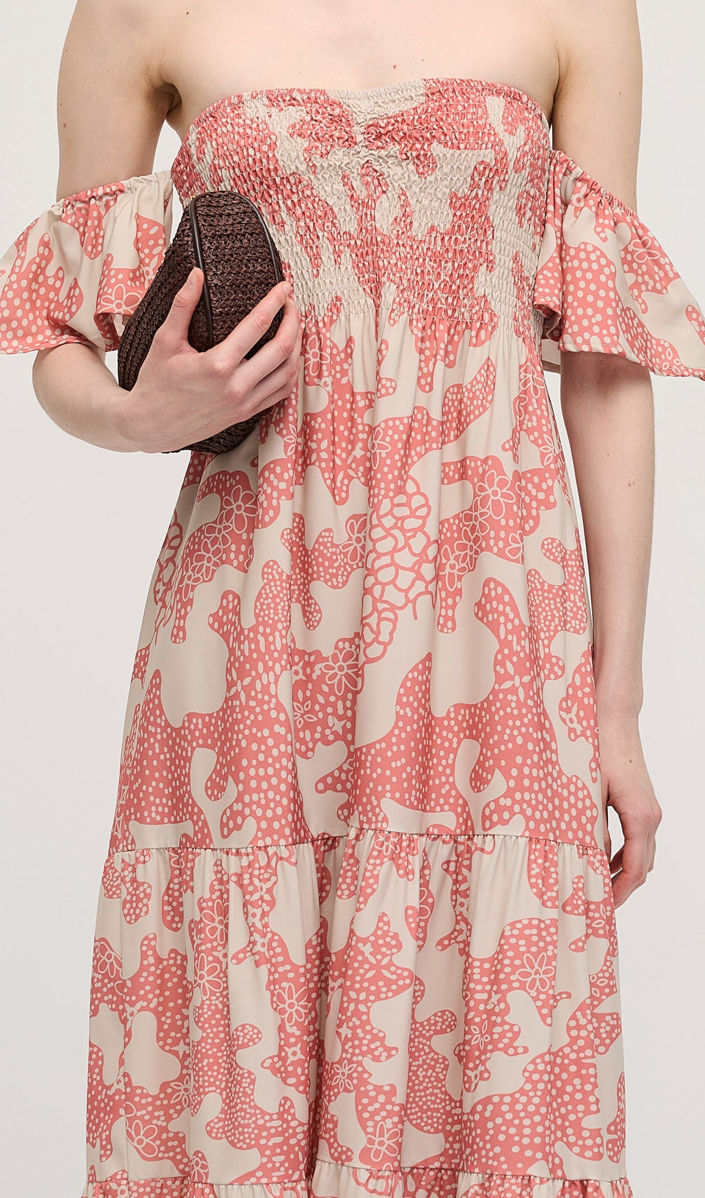 Omuz Açık Fırfırlı Baskılı Midi Elbise