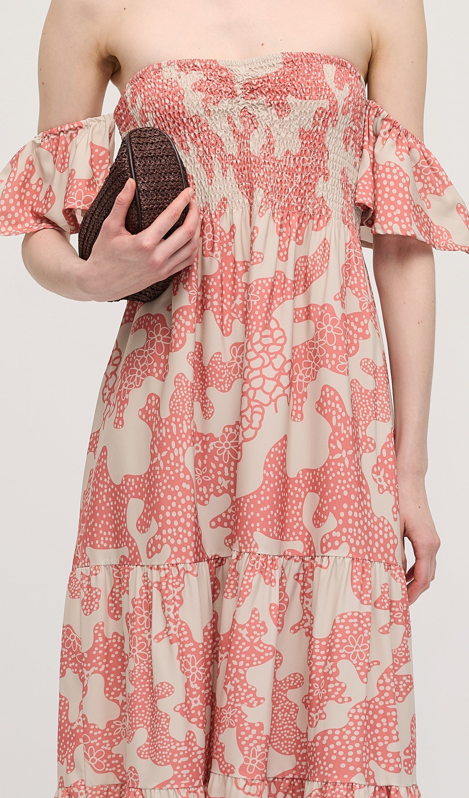 Omuz Açık Fırfırlı Baskılı Midi Elbise