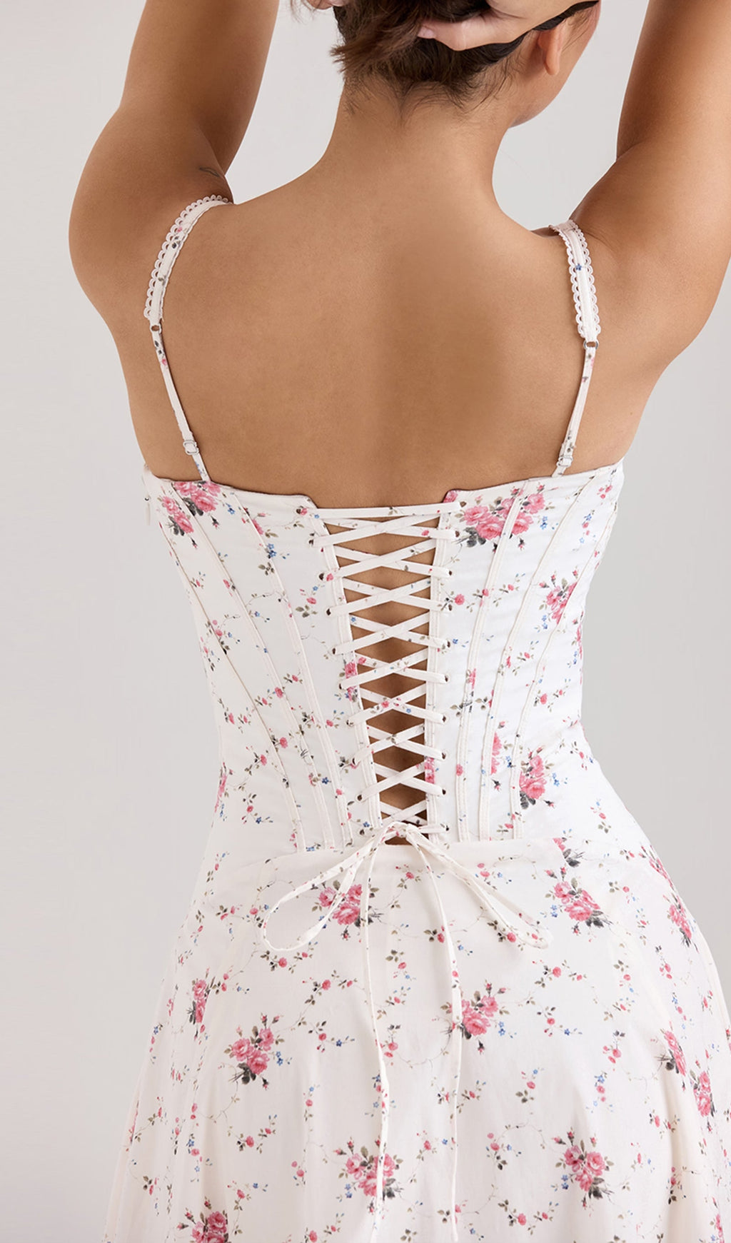 Beyaz Çiçekli Streç Pamuklu Midi Elbise