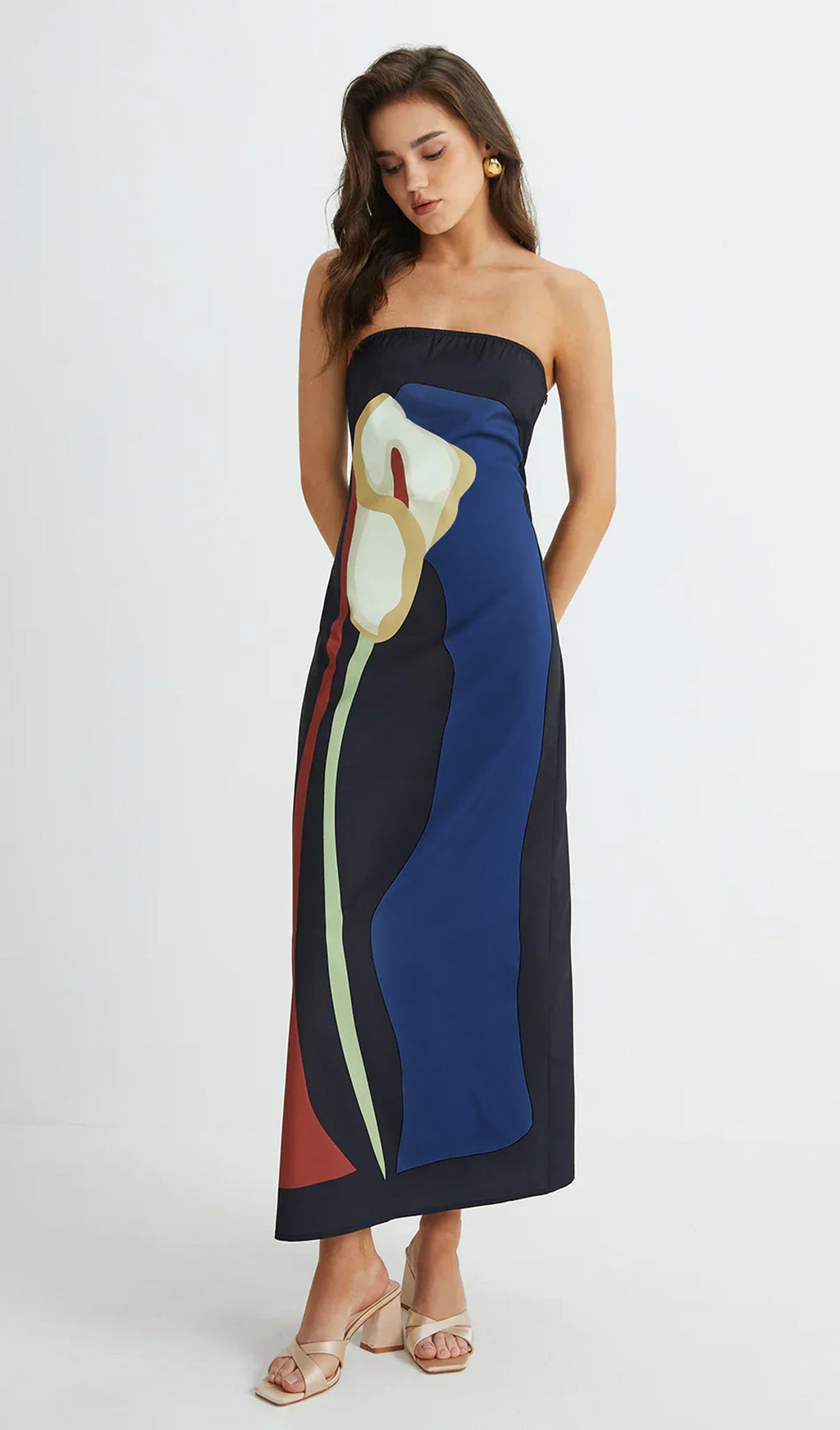 Omuz Açık Baskılı Mavi Yaz Midi Elbise