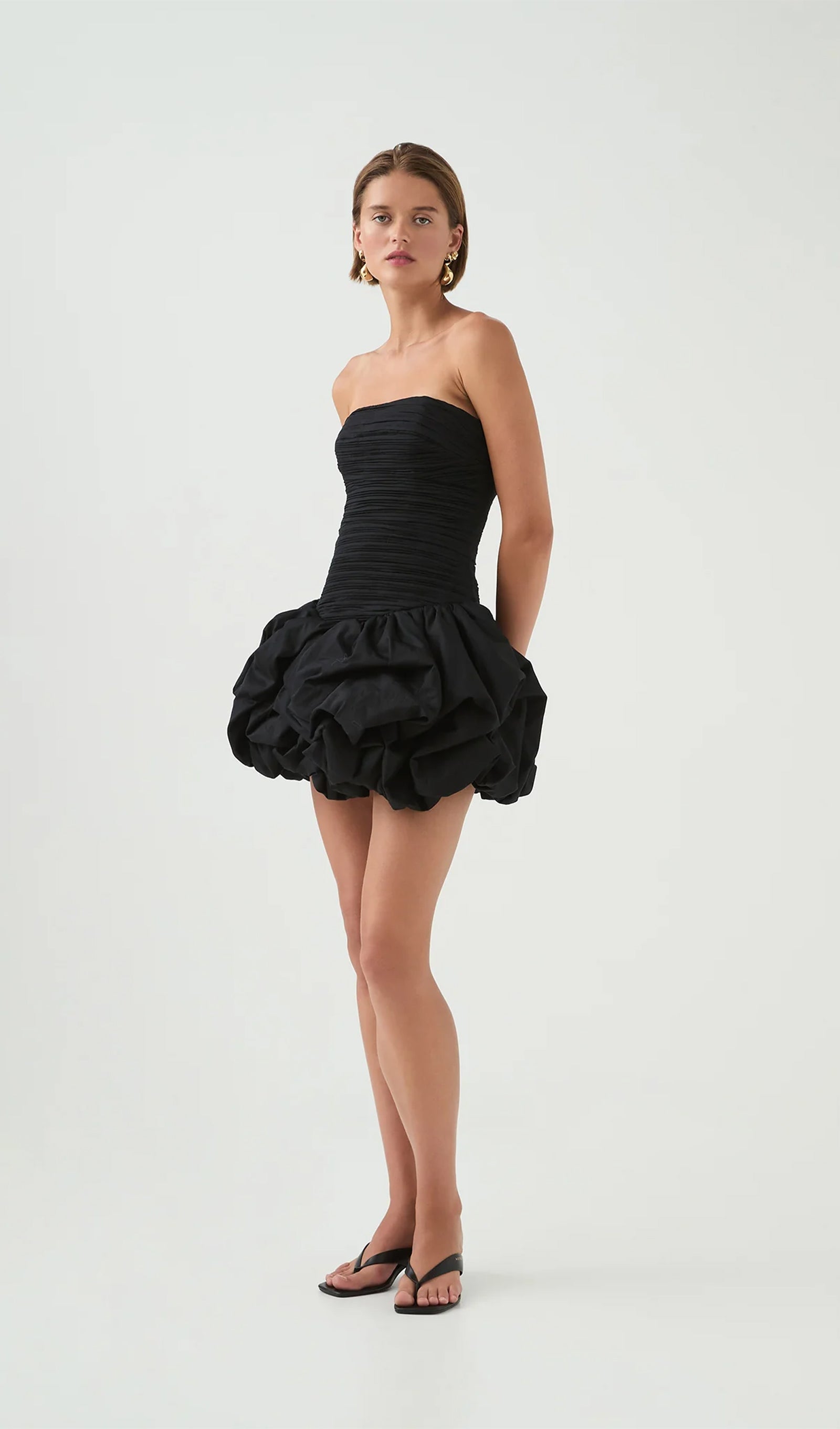 Siyah Büzgülü Balon Etek Mini Elbise