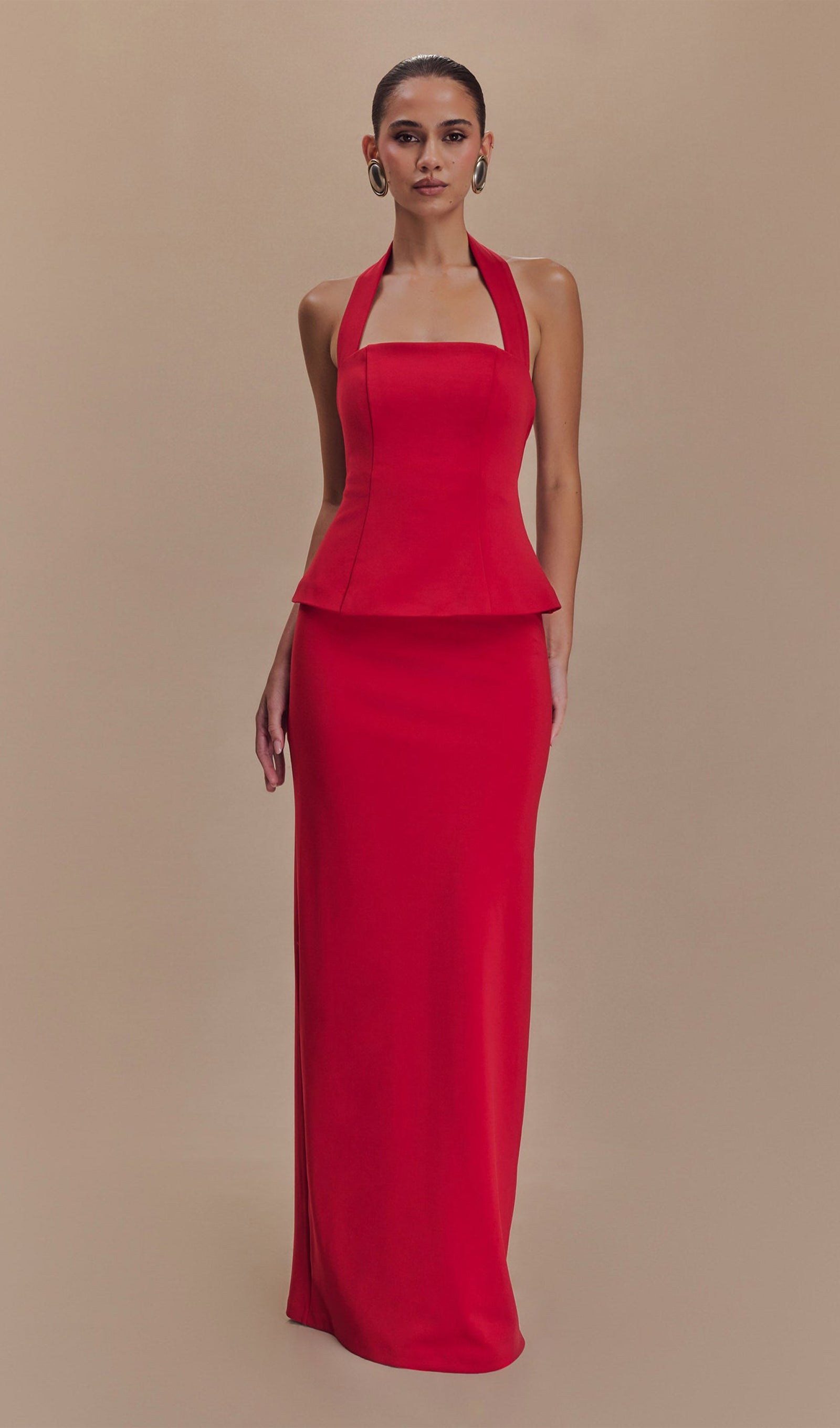 Ruby Peplum Halter Uzun Elbise