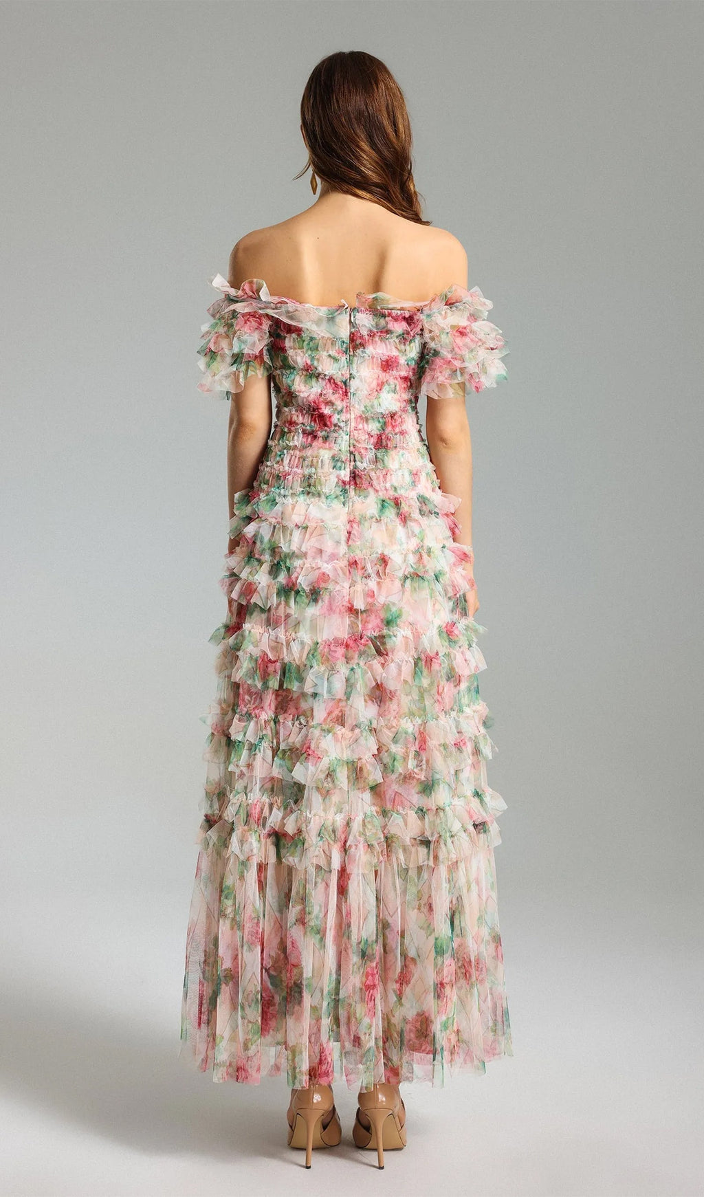 Omuz Açık Çiçekli Volanlı File Uzun Elbise