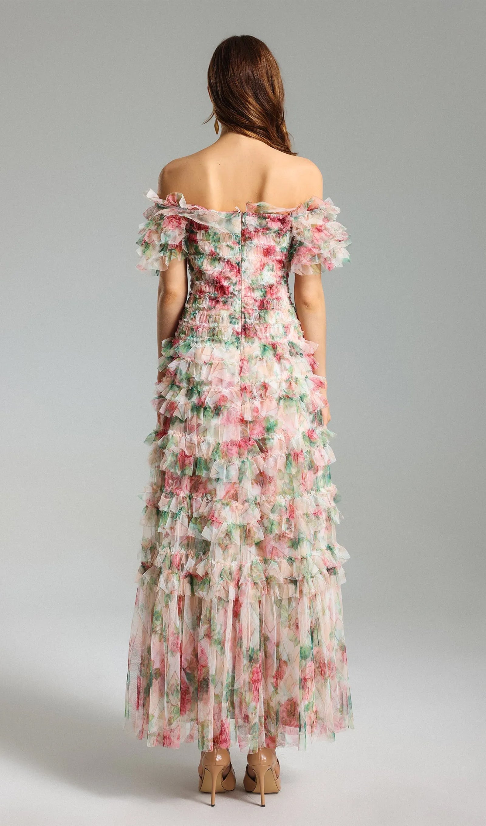 Omuz Açık Çiçekli Volanlı File Uzun Elbise