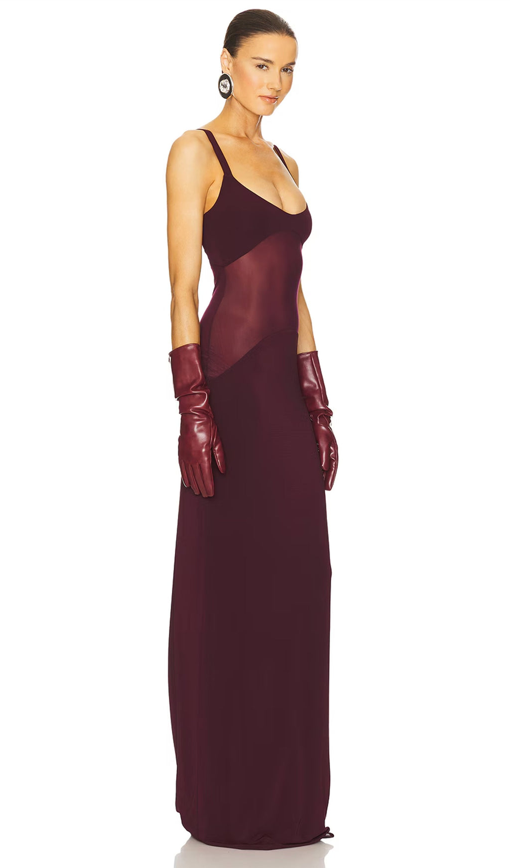 Kırmızı Şeffaf Örgü Kavisli Uzun Elbise