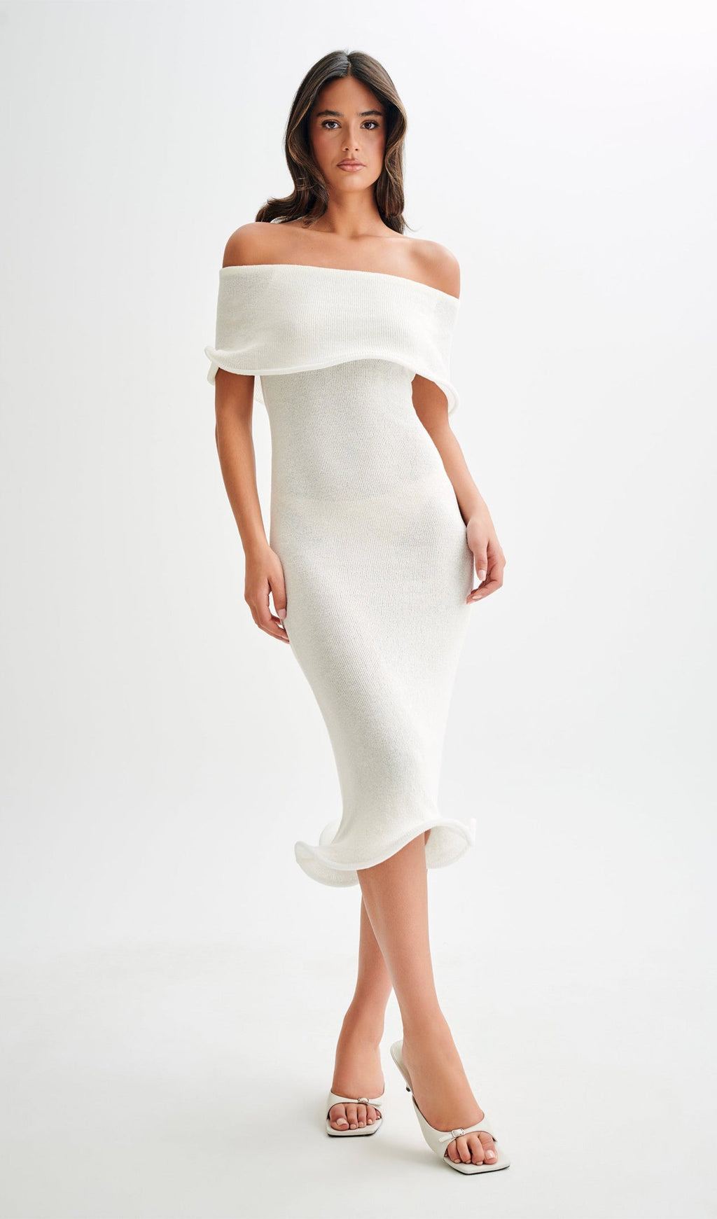 Omuz Açık Örgü Midi Elbise