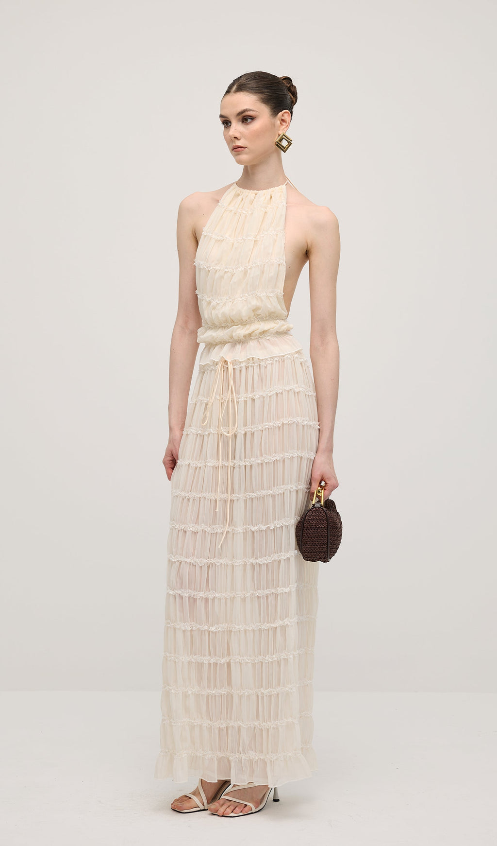 Beyaz Askılı Üst Ve Büzgülü Detaylı Uzun Etek Takımları