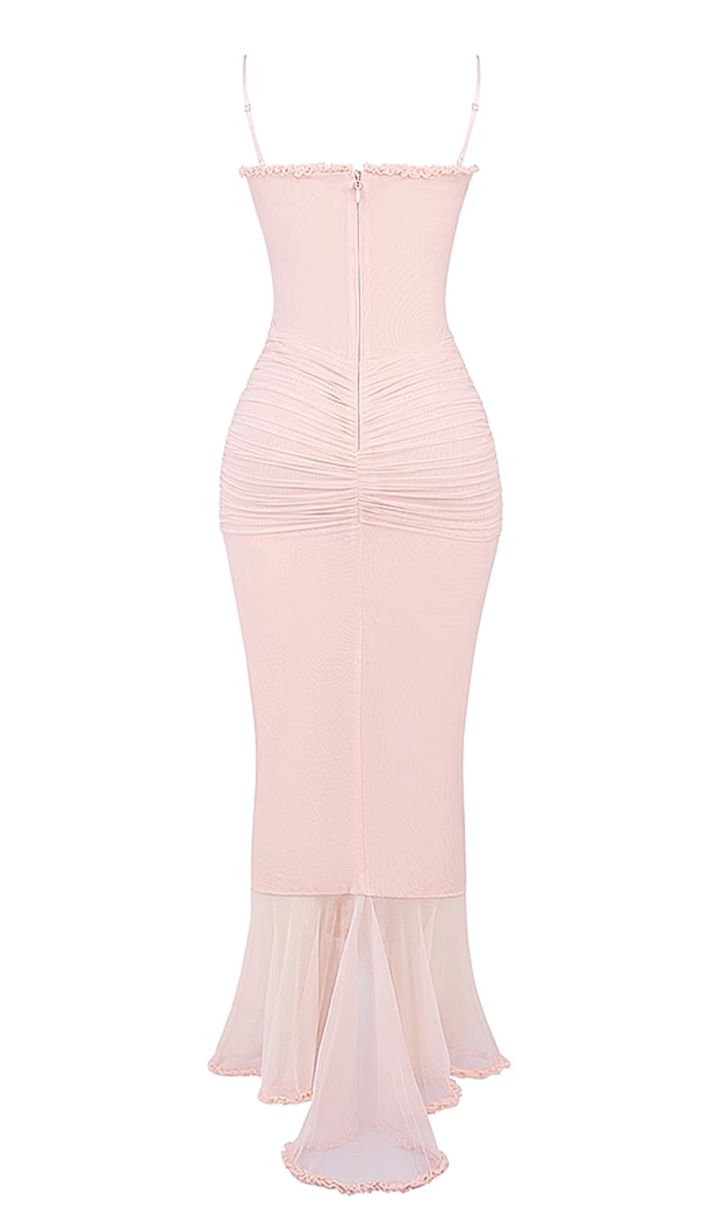 Önü Volanlı Uzun Elbise - Pembe