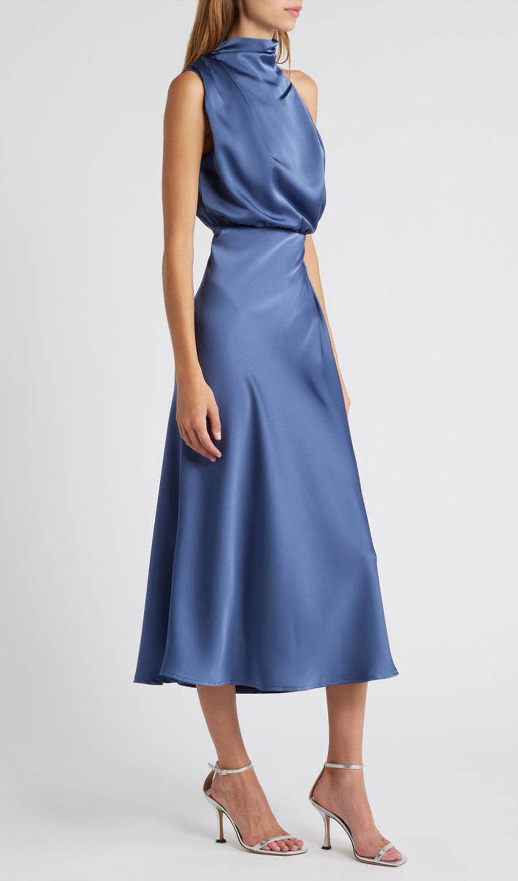 Asimetrik Saten Midi Elbise Papatya Mavisi
