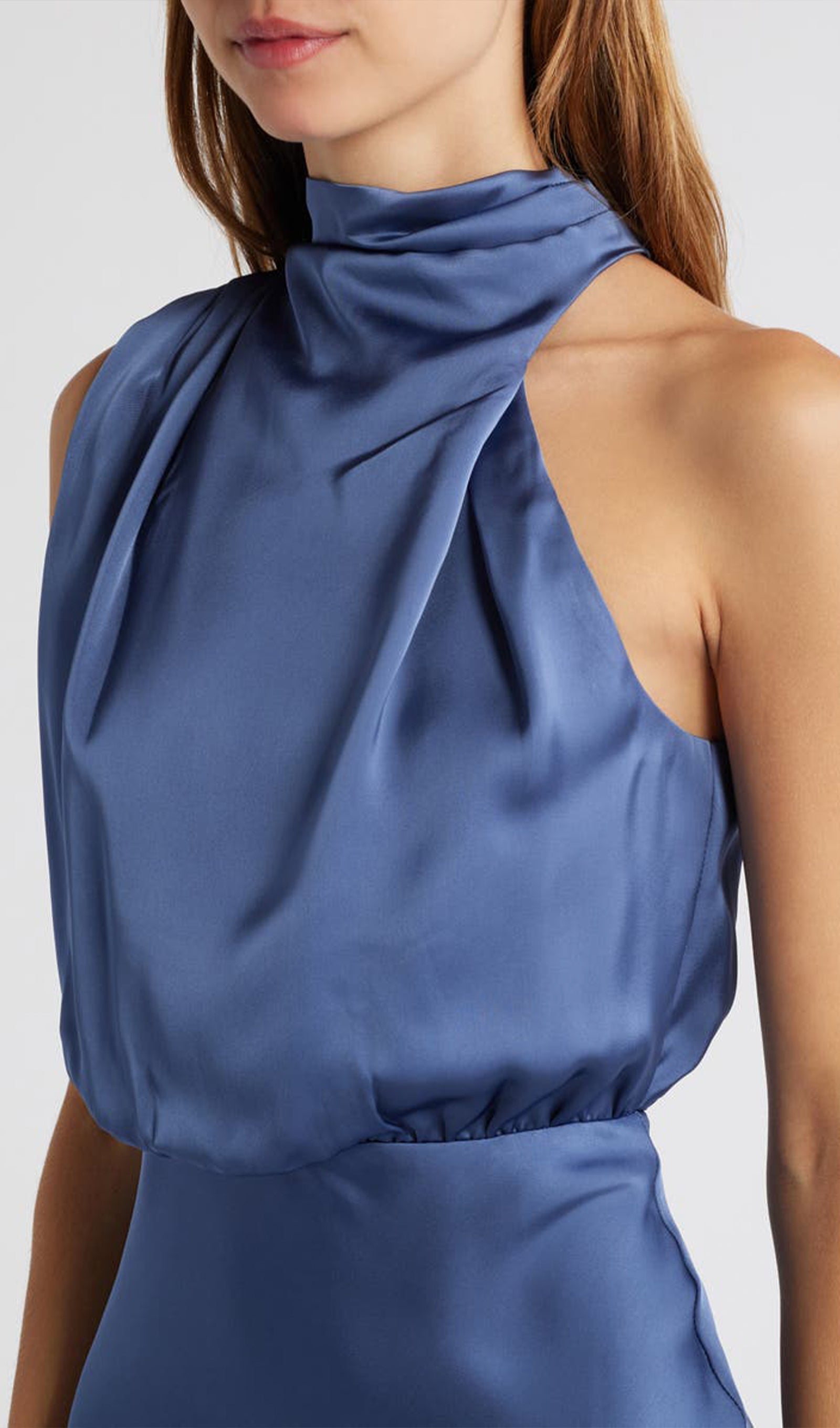 Asimetrik Saten Midi Elbise Papatya Mavisi