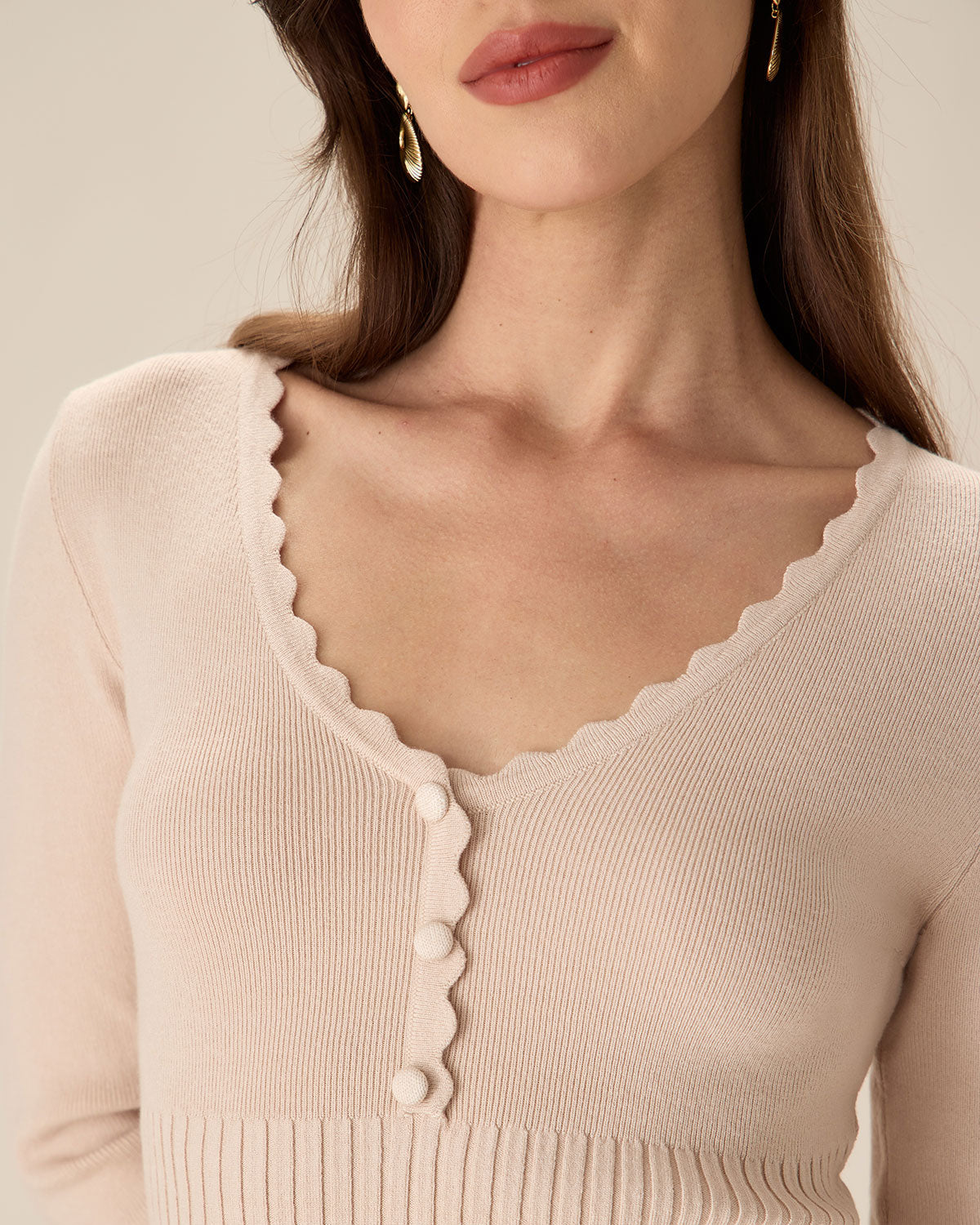 Kayısı V Yaka Bodycon Kazak Elbise