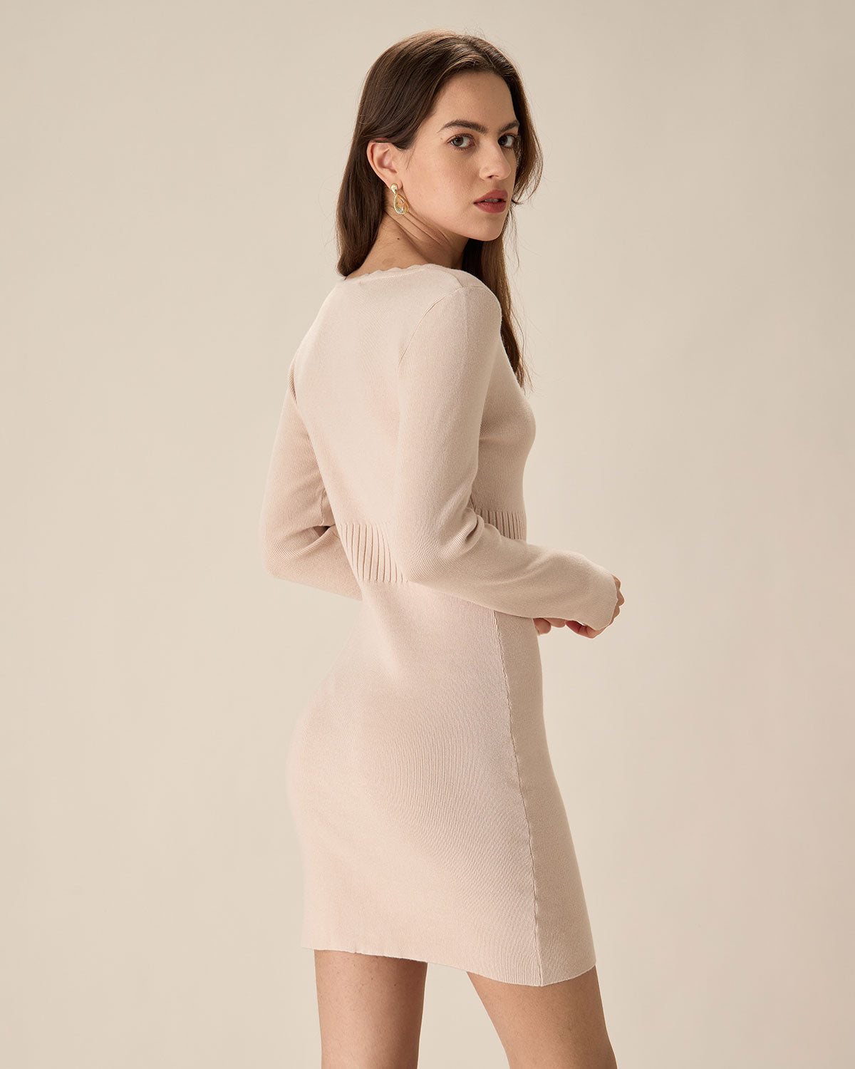 Kayısı V Yaka Bodycon Kazak Elbise