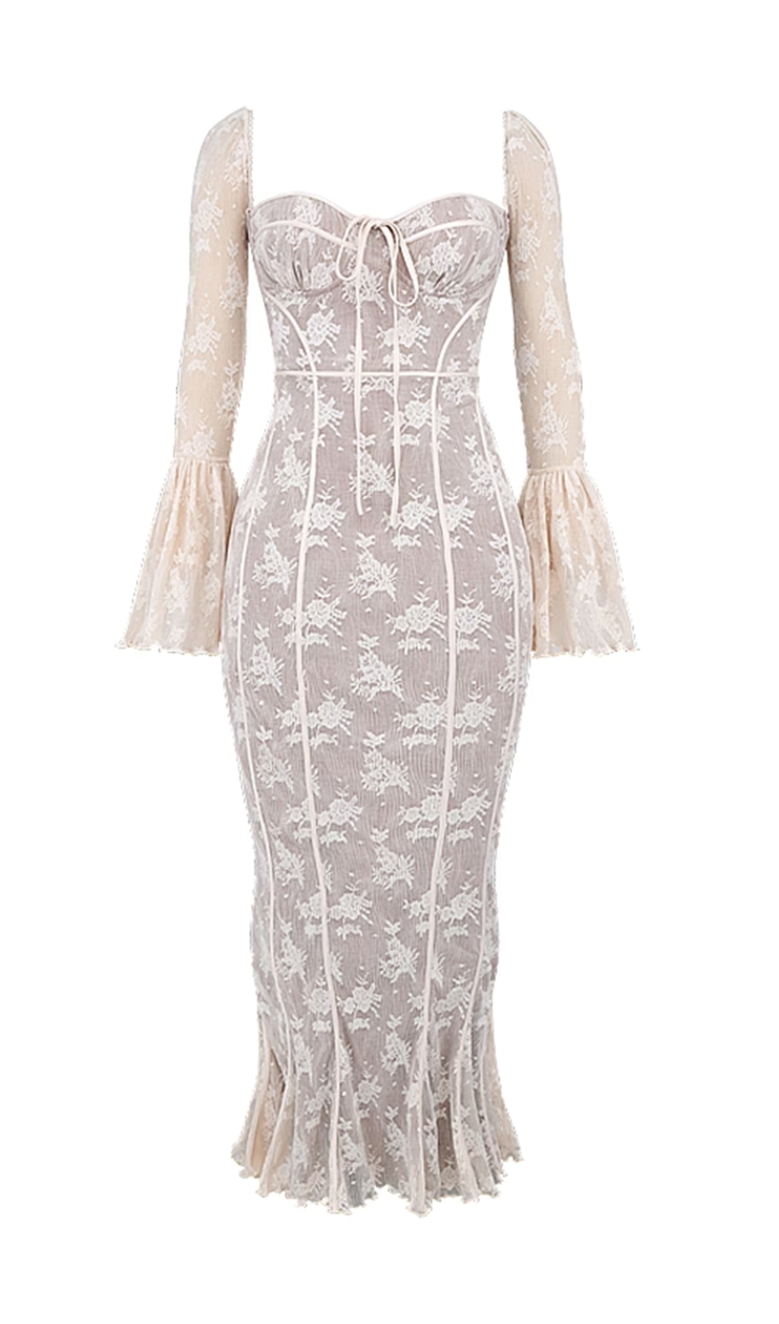 Vintage Krem Dantel Uzun Elbise