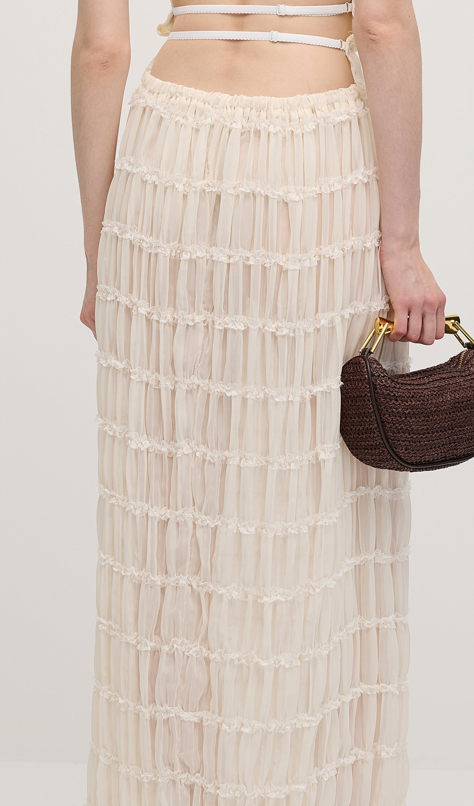 Beyaz Askılı Üst Ve Büzgülü Detaylı Uzun Etek Takımları