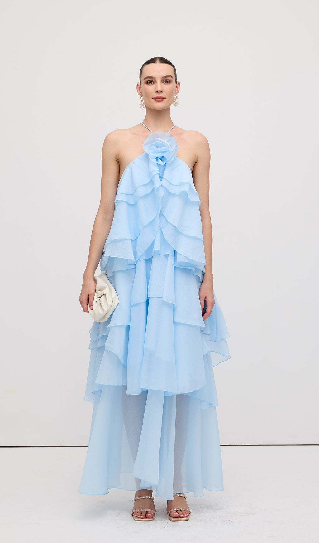 Askılı Katmanlı Uzun Elbise Mavi