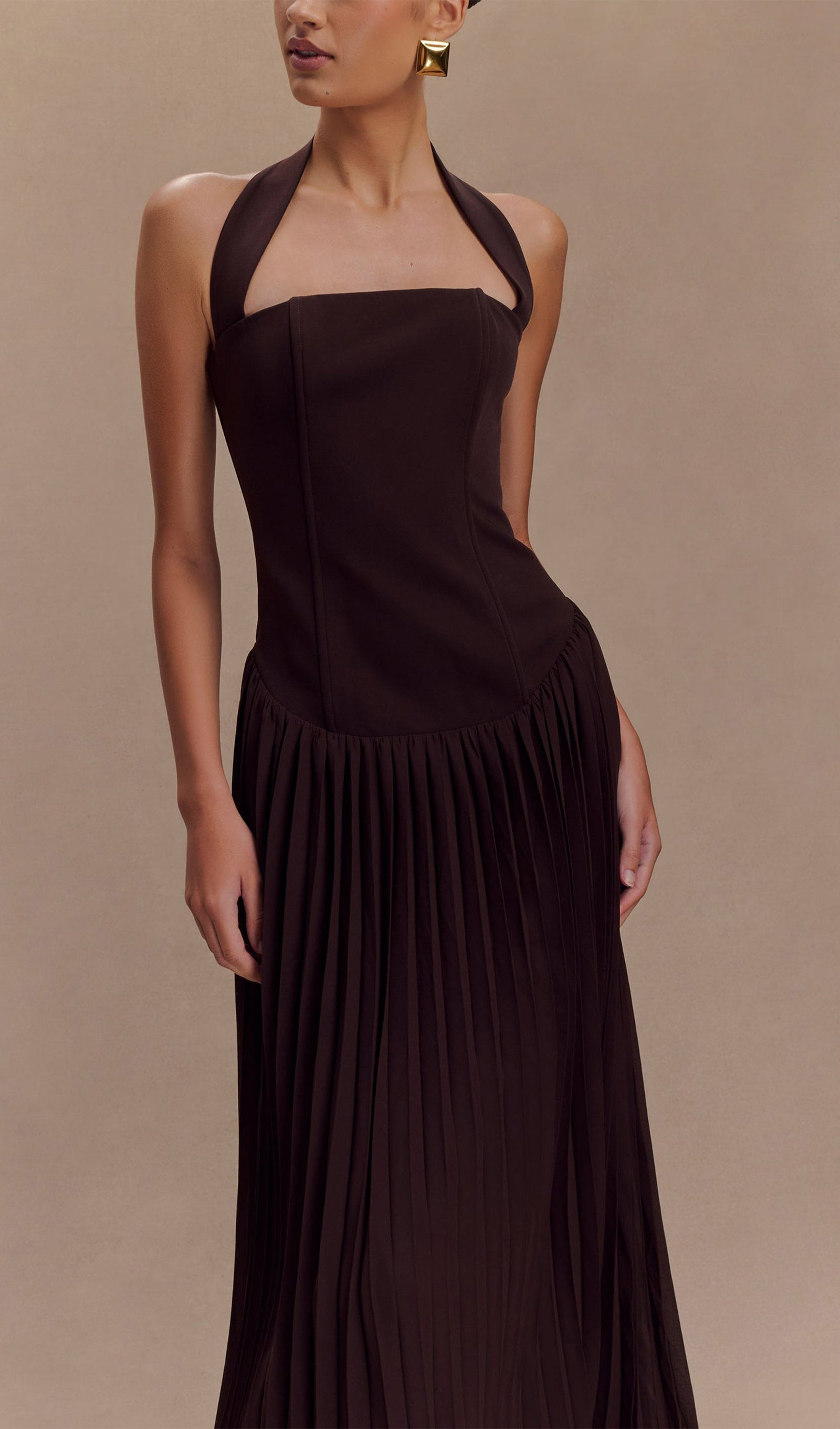 Pileli Askılı Uzun Elbise