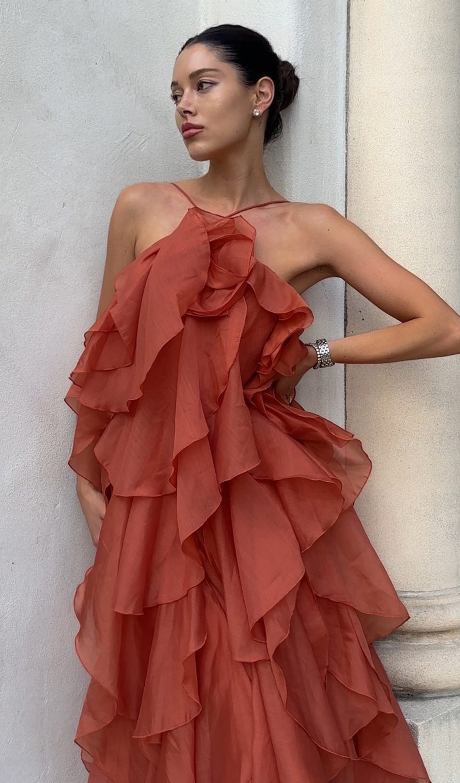 Askılı Katmanlı Uzun Elbise