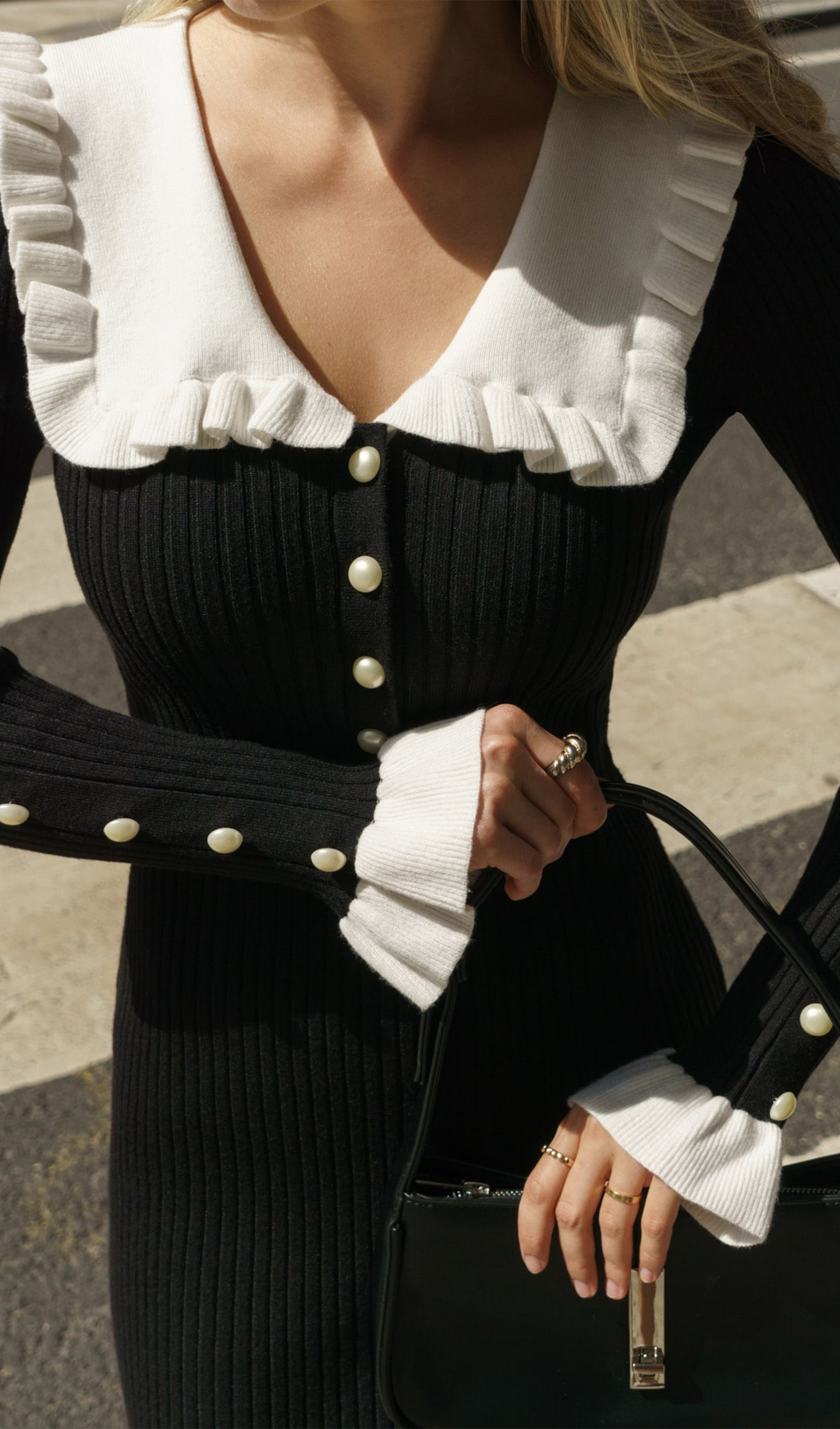 Örme Volanlı Midi Elbise - Siyah