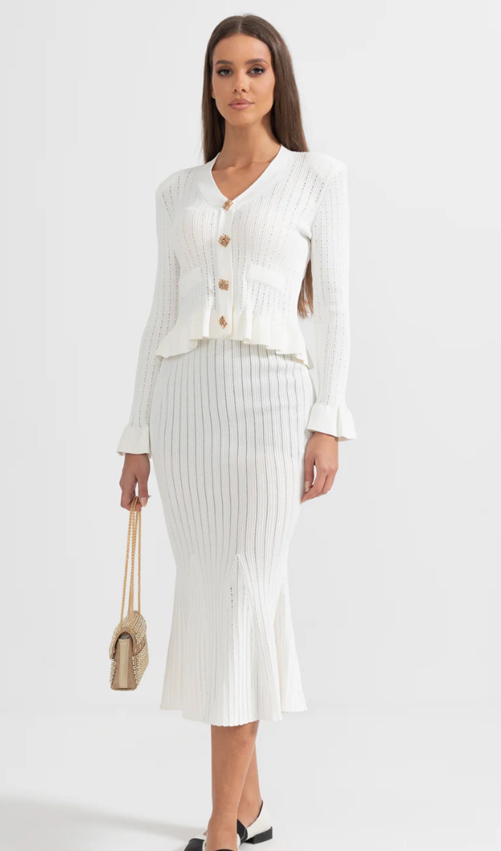 Fırfırlı Kloş Örgü Midi Elbise