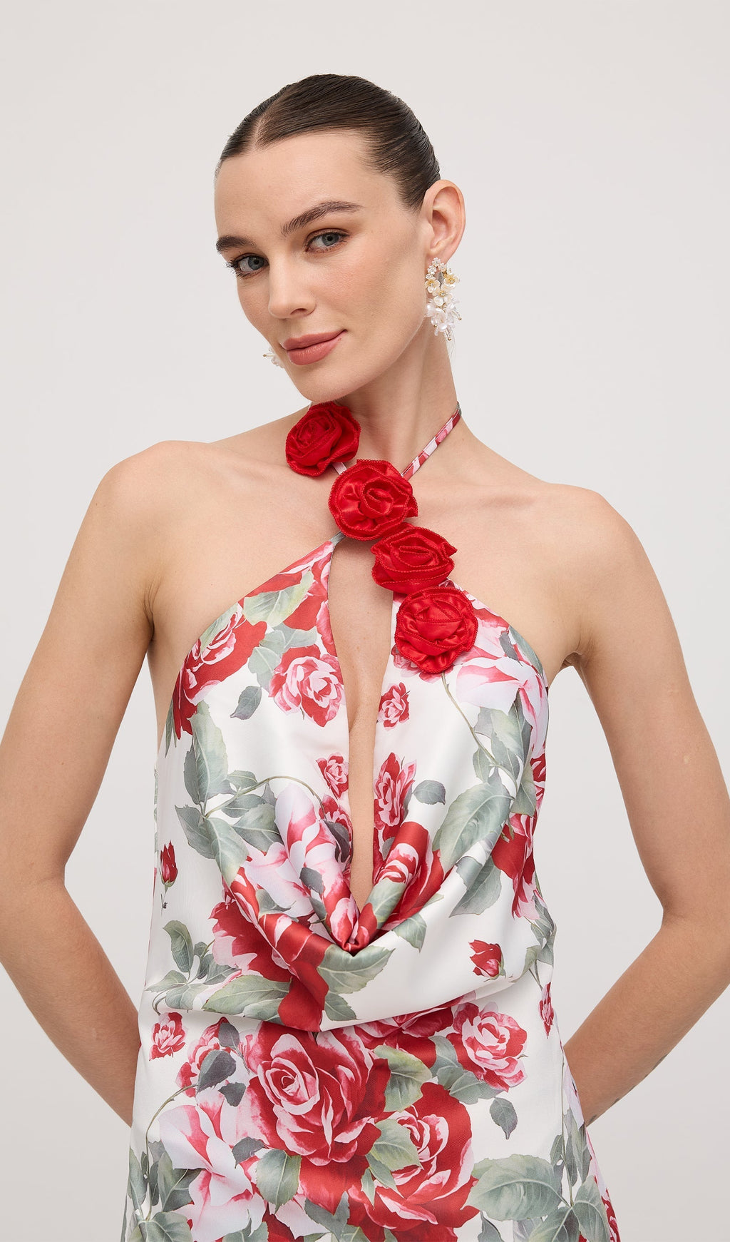 Kapüşonlu Yaka Uzun Elbise Çiçek Desenli